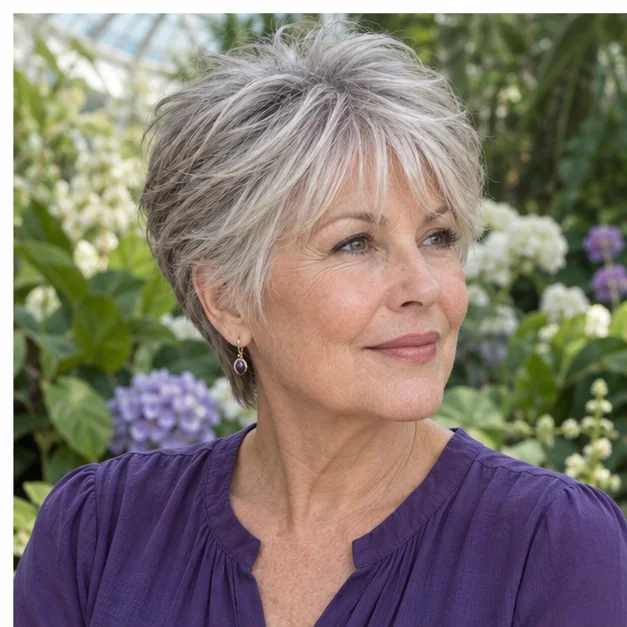 Silver long pixie with airy bangs