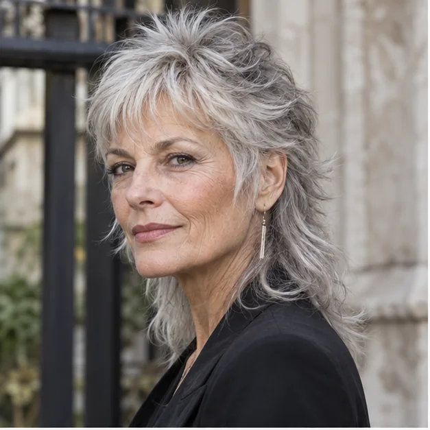 Woman with a bright silver modern mullet