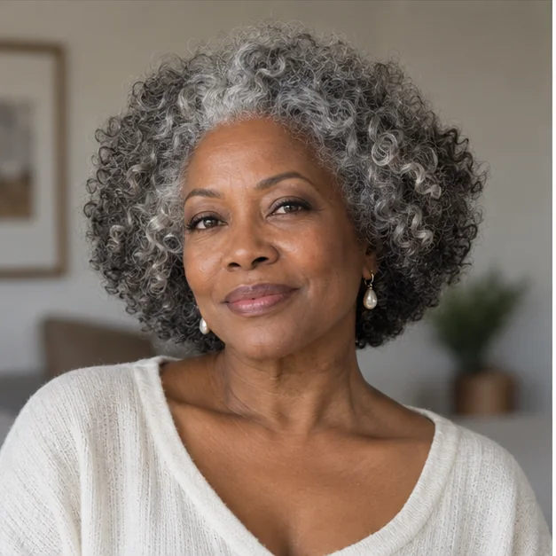 Mature Black woman with softly shaped silver natural curls