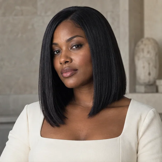 Woman with thick straight black hair wearing a sleek angled lob