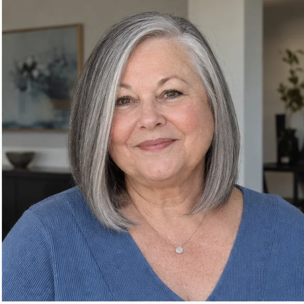 Woman over 50 with a sleek angled collarbone lob