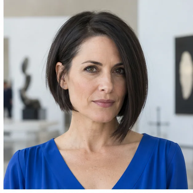 Woman with sleek asymmetrical short bob on thick hair