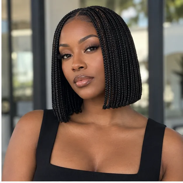 Black woman with sleek jet-black blunt knotless bob braids