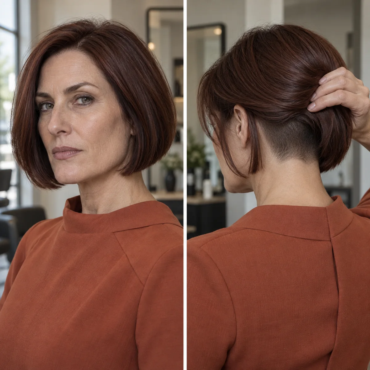 Same woman shown from front and back wearing a sleek bob with subtle undercut nape