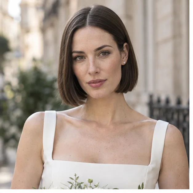 Bride wearing a sleek center-part jaw-length bob