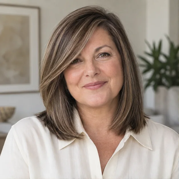 Woman with sleek shoulder length hair and long side swept bangs
