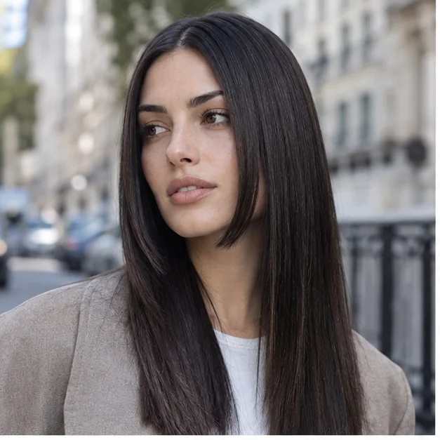 Woman with sleek straight dark hair and precise chin-length framing