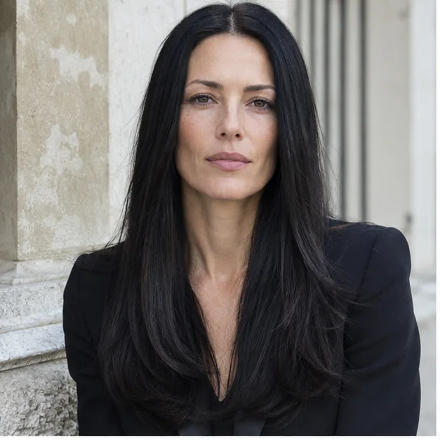 Woman with sleek dark straight hair and precise long layers