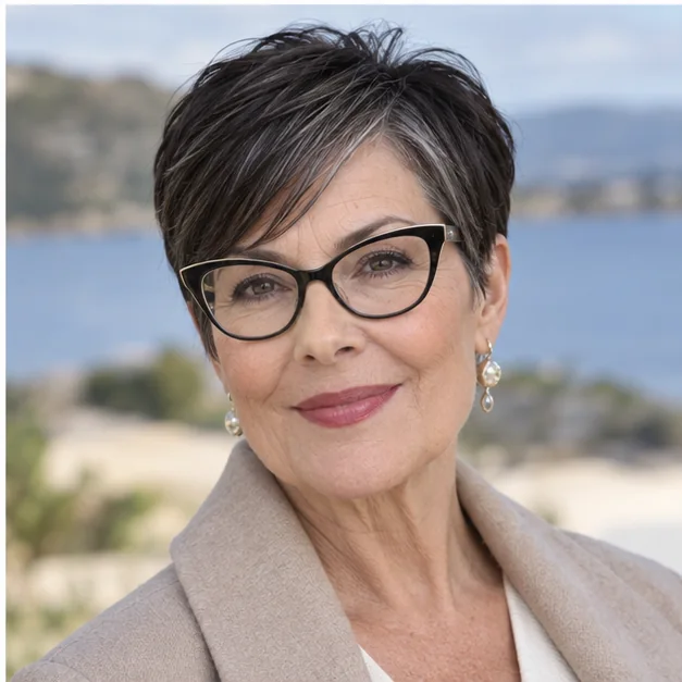 Woman wearing cat-eye glasses with a sleek tapered dark pixie