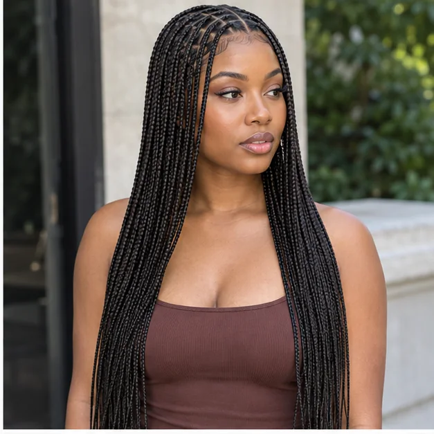 Black woman with long small knotless braids