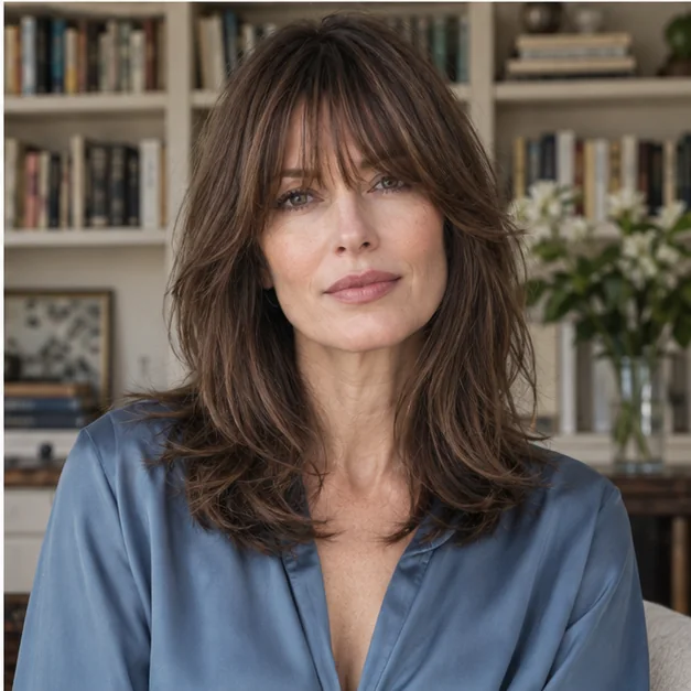 Woman with smooth shoulder length layers and Birkin style bangs