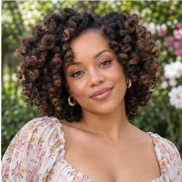 Black woman with a soft voluminous Bantu knot-out