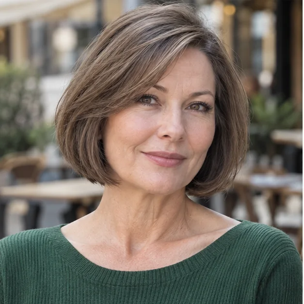 Woman with a softly beveled bob curved under at the ends