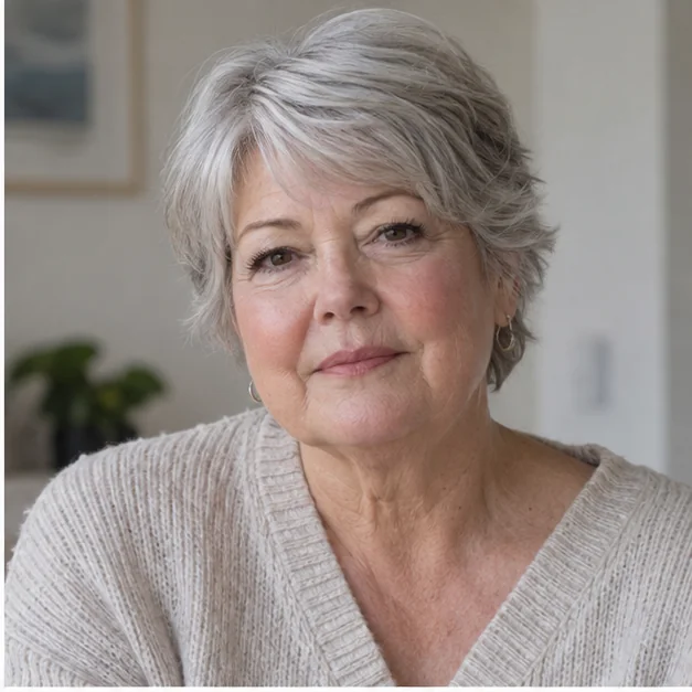 Woman over 60 with a soft layered silver bixie tucked behind one ear