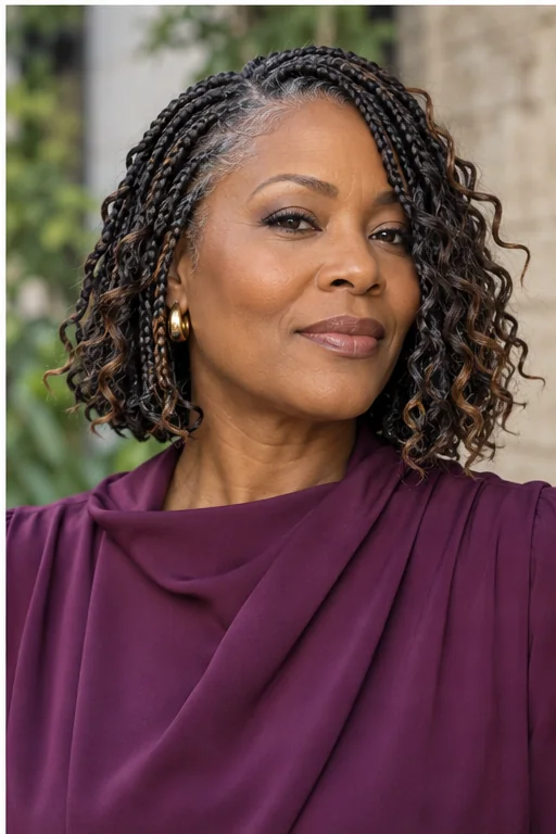 Black woman with soft boho knotless bob braids