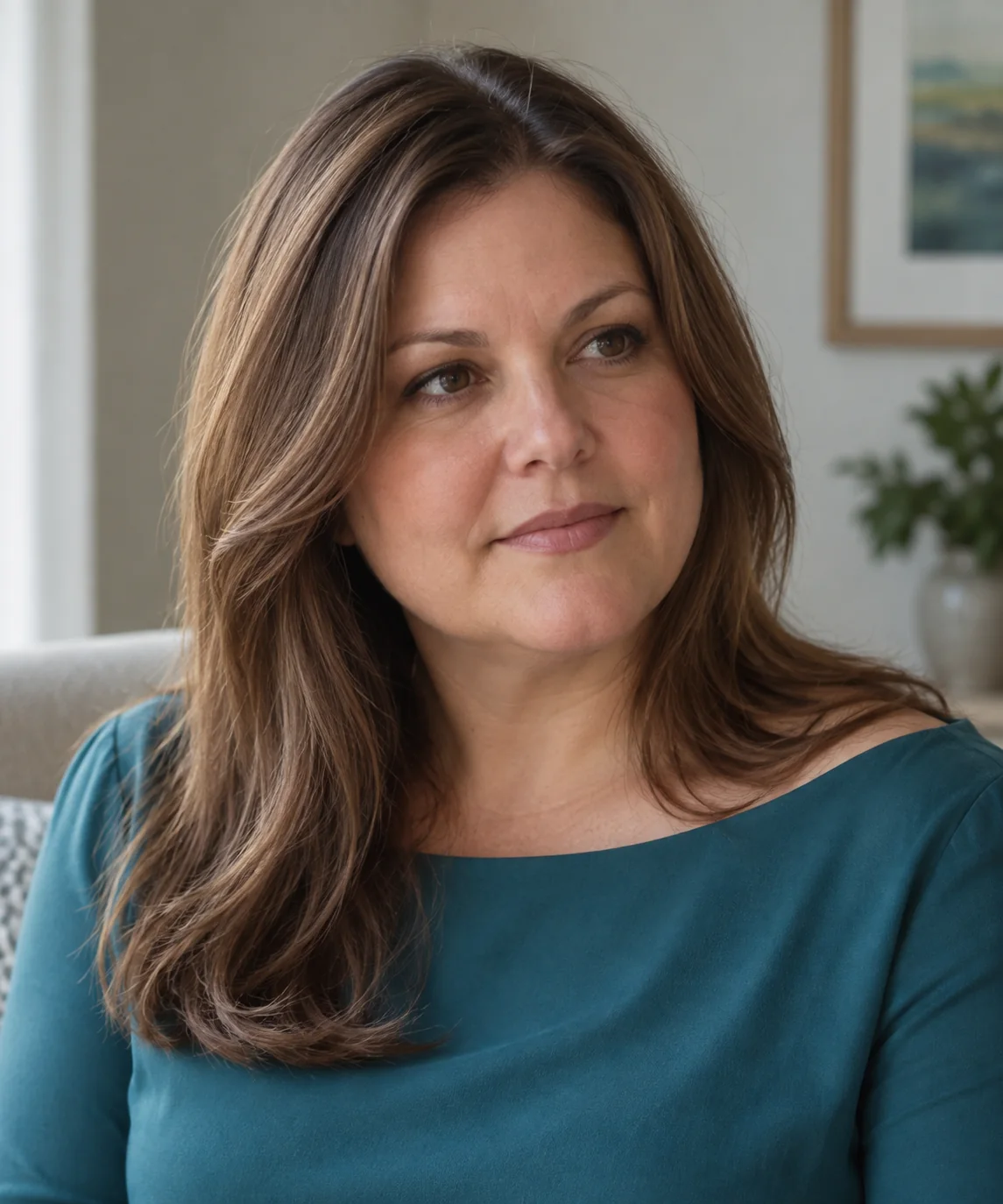 Woman with chestnut hair and soft chin-length face framing