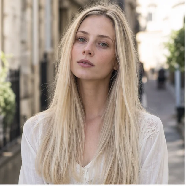 Woman with fine blonde hair in subtle long layers and a full perimeter