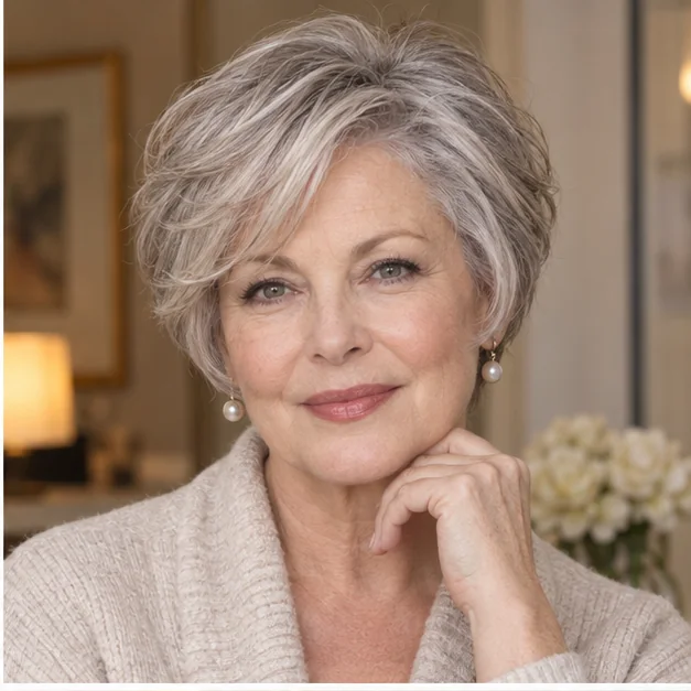 Woman with a soft layered gray bixie haircut