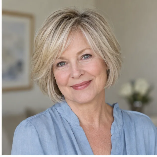 Woman over 50 with a soft layered bob for fine hair