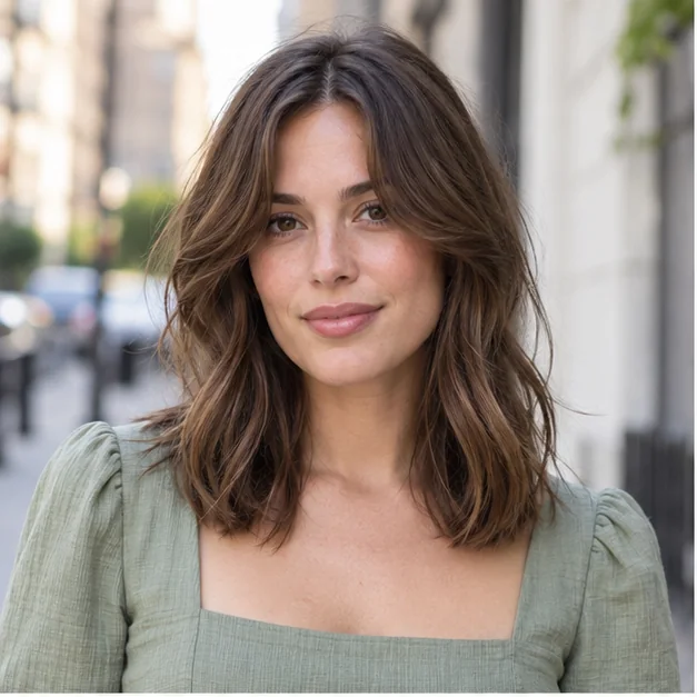 Woman with shoulder length soft layers and curtain bangs