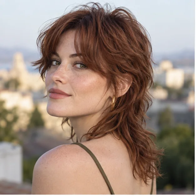 Woman with a soft modern mullet and curtain fringe