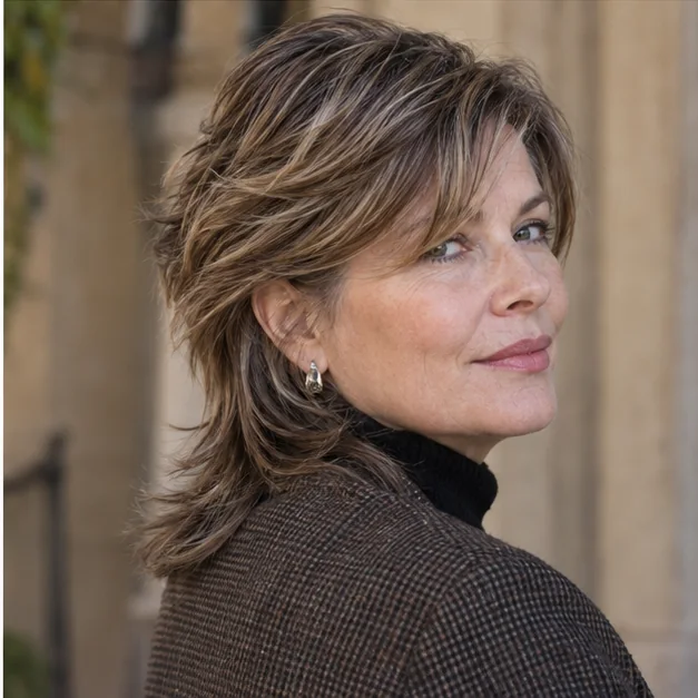 Woman over 50 with a soft modern mullet and side fringe