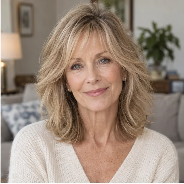 Woman over 50 with a soft medium shag and wispy bangs