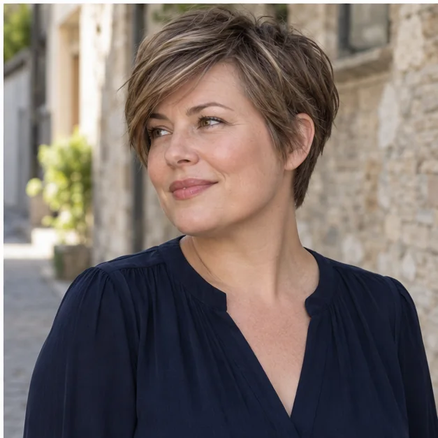 Soft pixie haircut with a long side-swept fringe