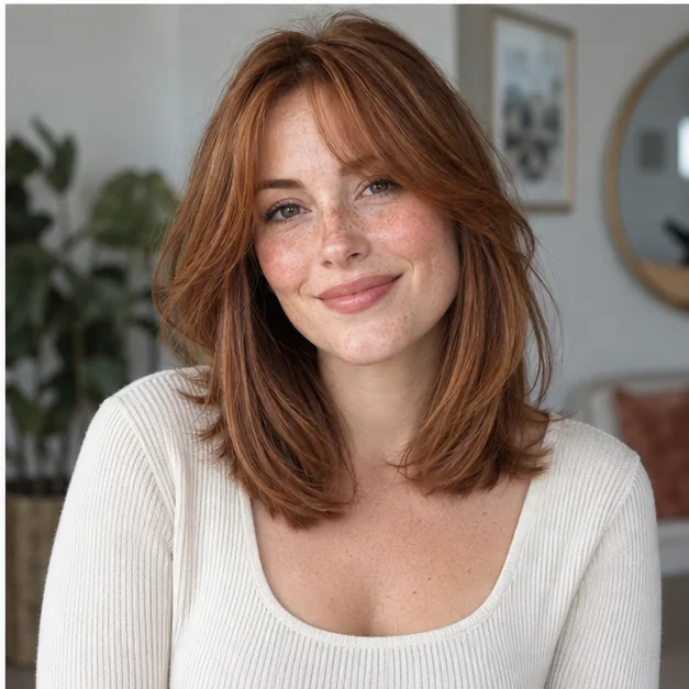 Woman with thin hair wearing a soft modern Rachel and curtain bangs