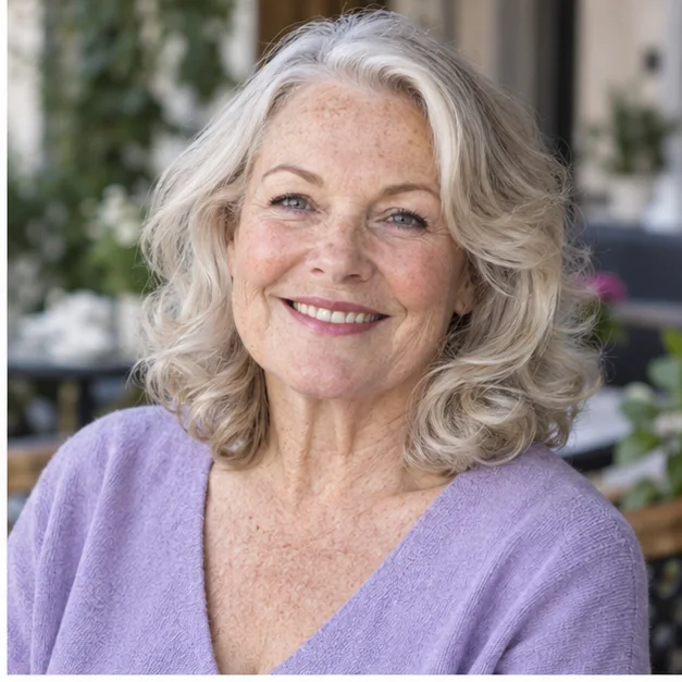 Woman with fine hair styled in soft roller-set curls
