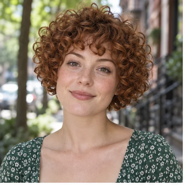 Woman with a soft rounded cropped curly haircut