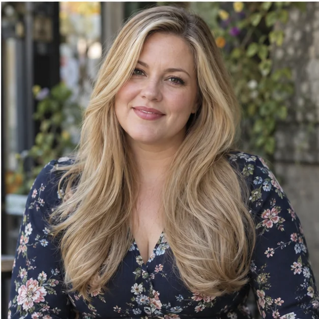 Woman with glossy long blonde layers styled into soft rounded ends