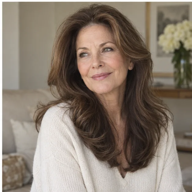 Woman with relaxed long brunette layers in a soft second-day 90s blowout