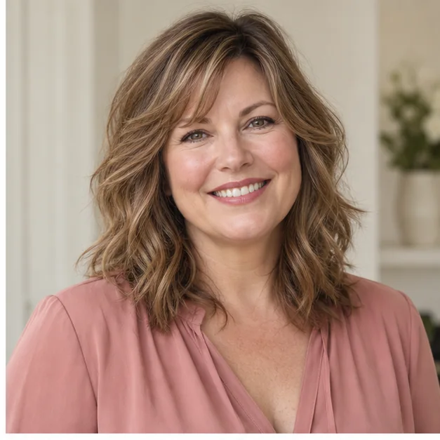 Woman with fine wavy hair in a soft shag with a full baseline