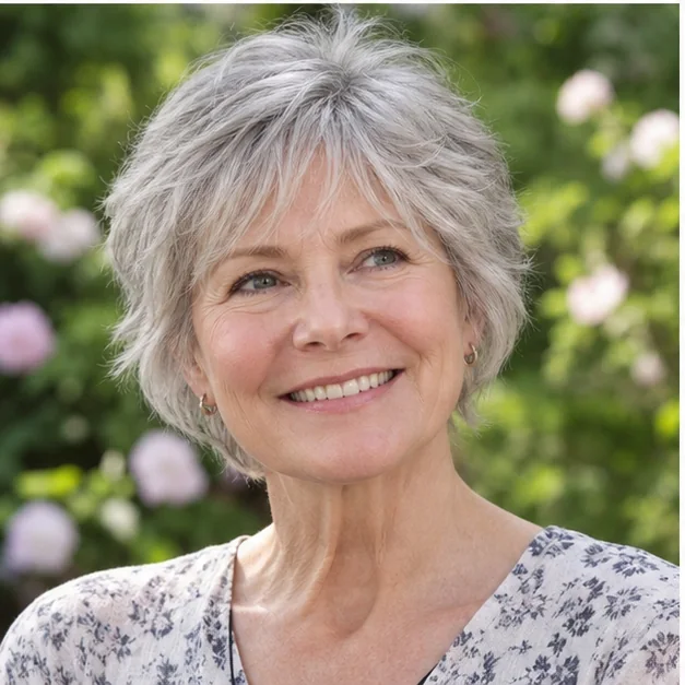 Woman over 60 with a softly layered silver short shag