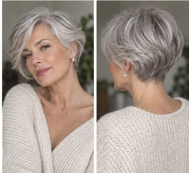 Same mature woman shown from front and back wearing a soft silver pixie bob
