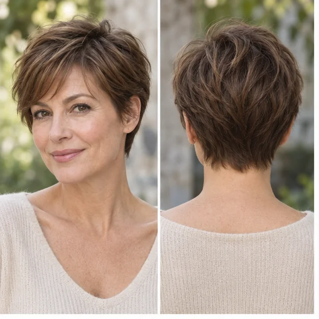 Same woman shown from front and back wearing a soft tapered pixie