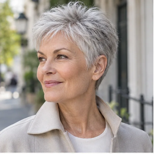 Woman over 60 with a softly tapered silver pixie and lifted crown