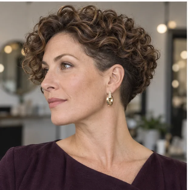 Woman with a soft undercut beneath a cropped curly top