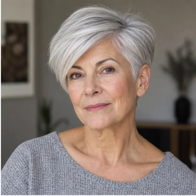 Woman over 60 with thick silver hair in a soft undercut pixie