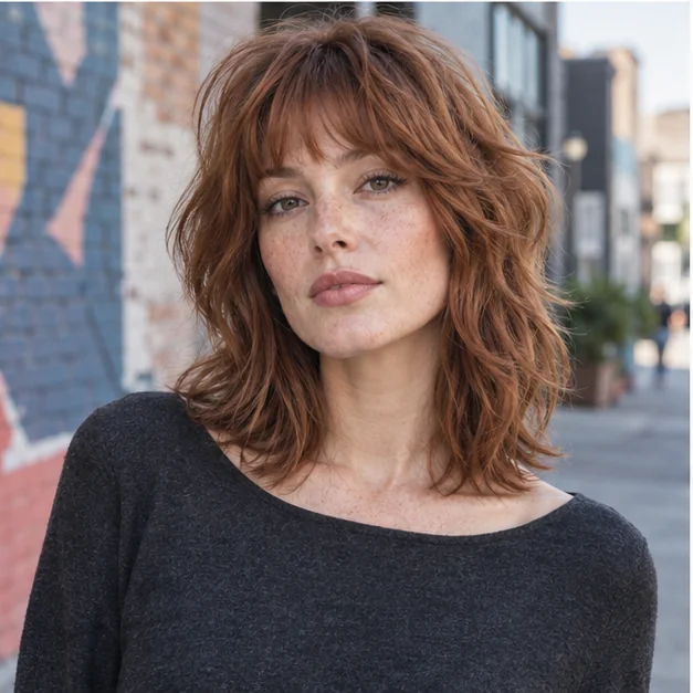 Woman with soft shoulder length wolf cut and piecey bangs