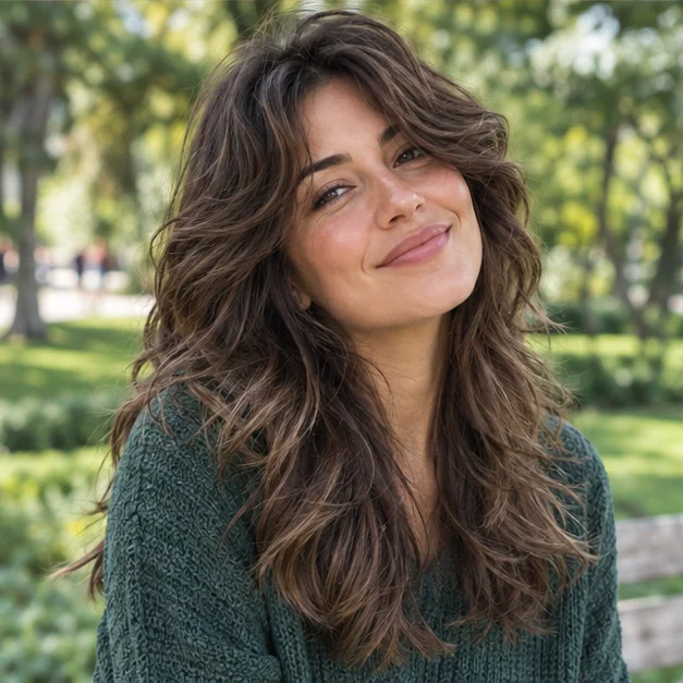 Woman with thick wavy brown hair wearing a soft connected wolf cut