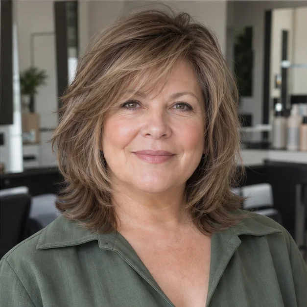 Woman over 50 with a soft wolf-inspired medium haircut