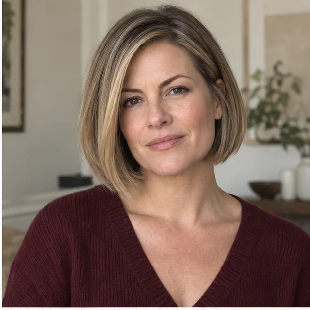 Woman with softly beveled short bob on thick hair