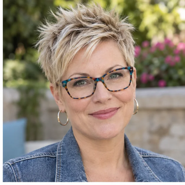 Woman in colorful glasses with a short spiky blonde pixie