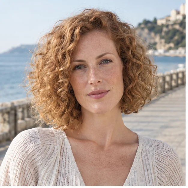 Springy curly bob with balanced volume at the sides