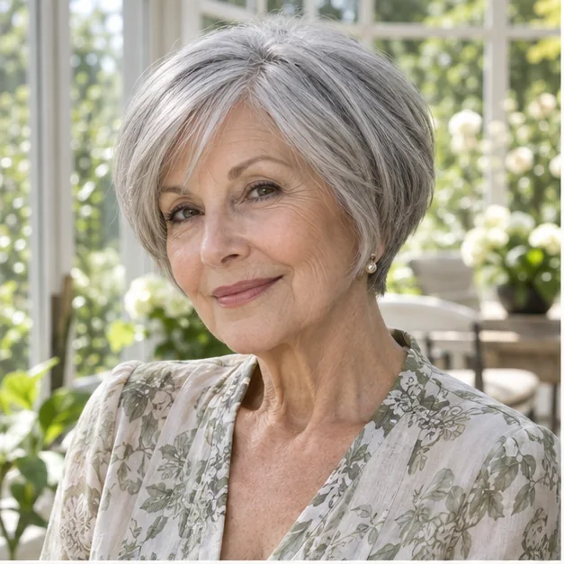 Woman with a softly stacked gray bob for fine hair
