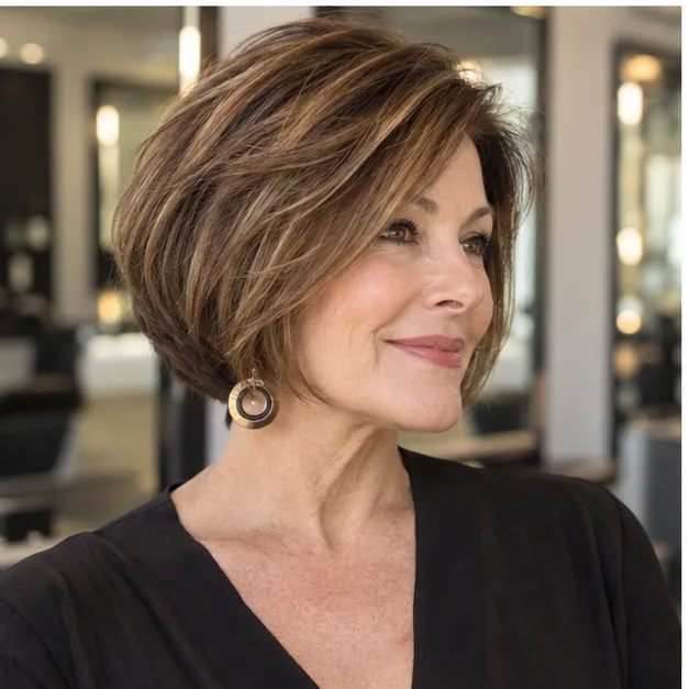 Woman over 50 with a stacked layered bob and lifted back