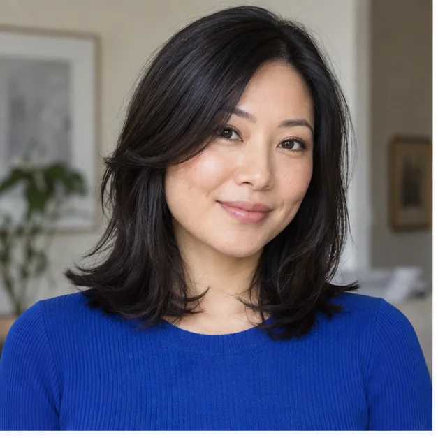 Woman with fine straight hair in a modern Rachel with subtle flicks