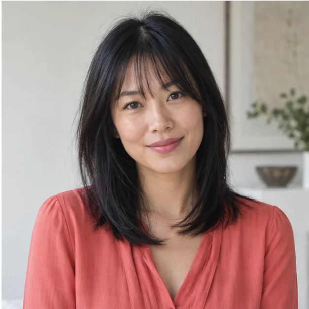 Woman with straight shoulder length layers and see through bangs